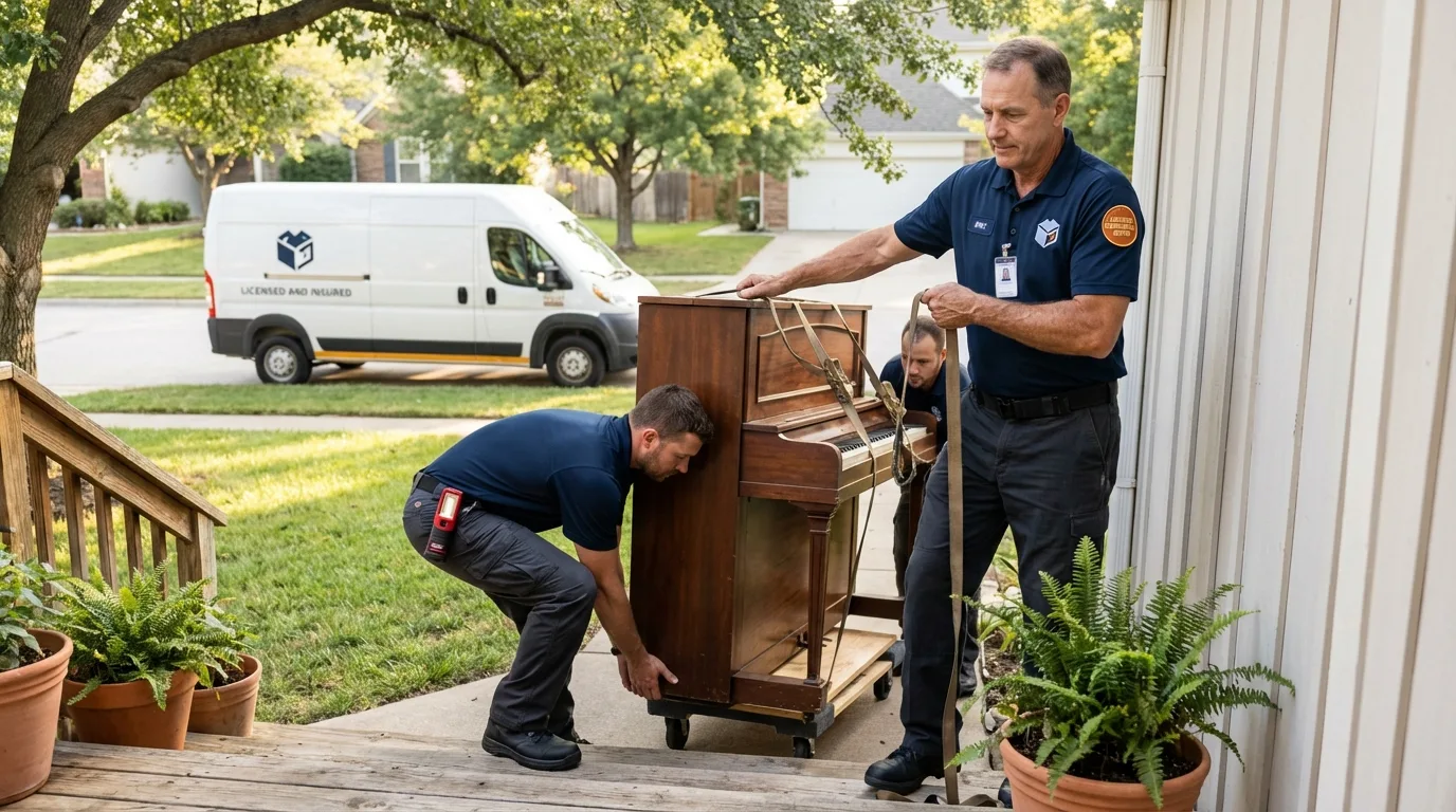 Licensed piano movers securing grand piano in McHenry, IL