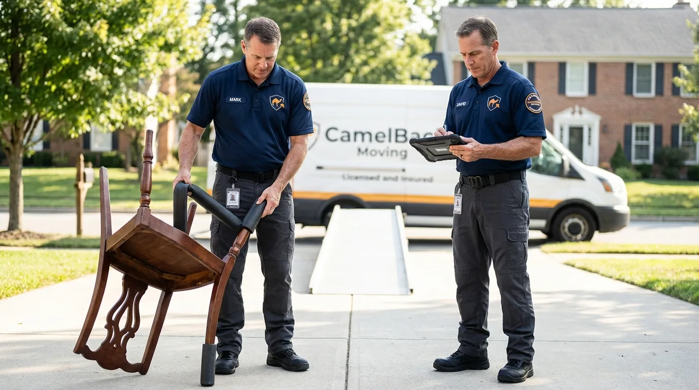 Movers inspecting furniture for damage prevention before loading in McHenry, IL