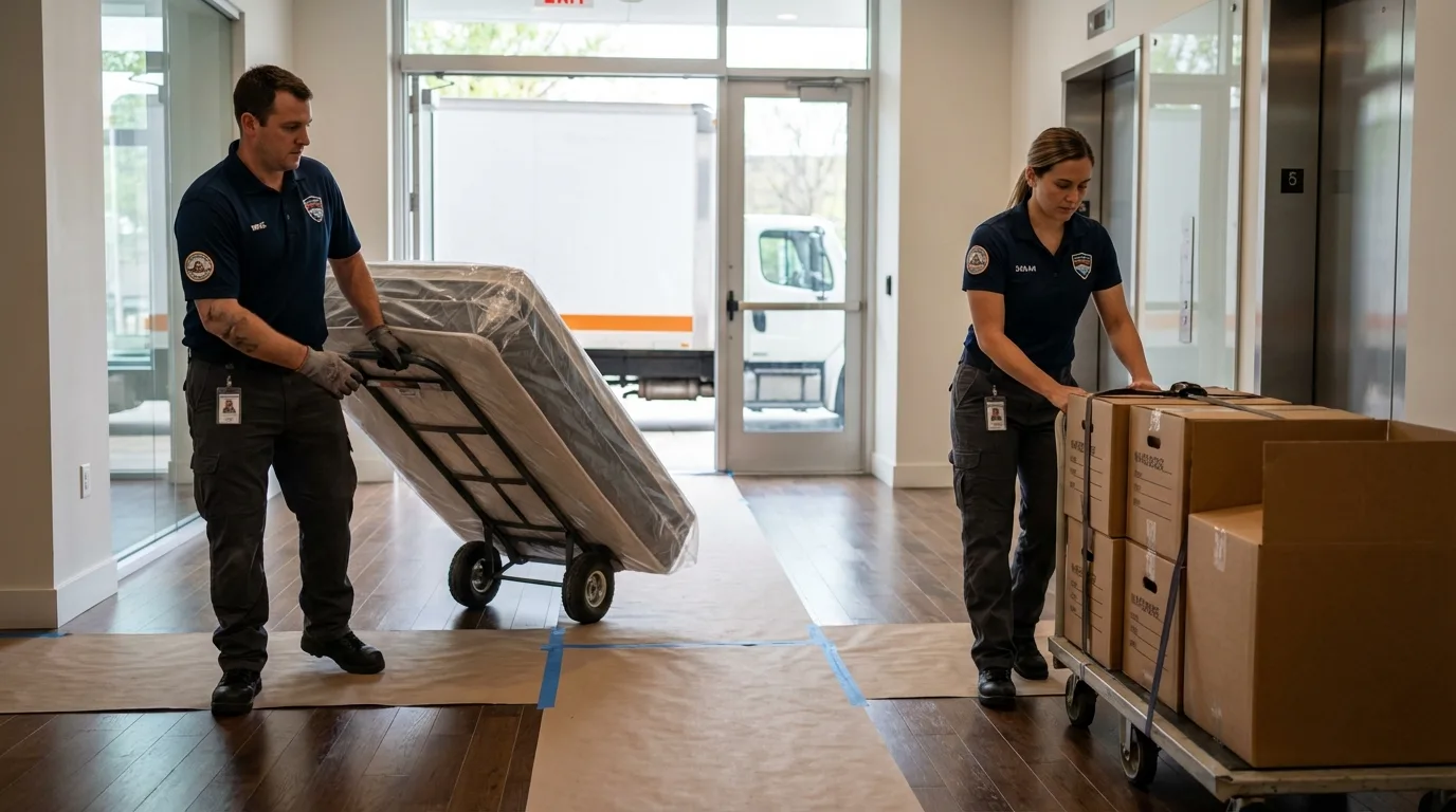 Professional apartment movers loading elevator in McHenry, IL