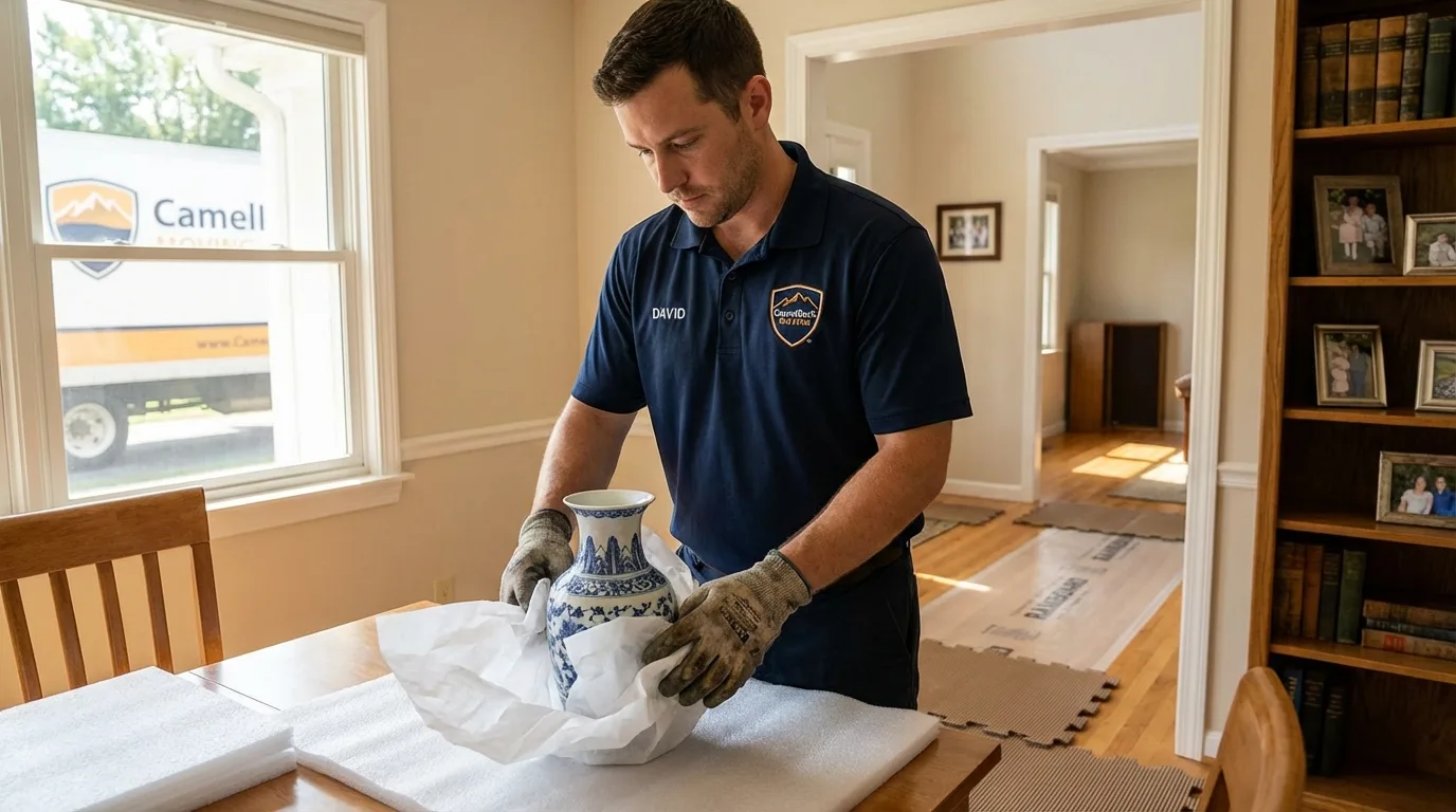 Professional crew carefully wrapping antique vase for senior downsizing move in McHenry, IL